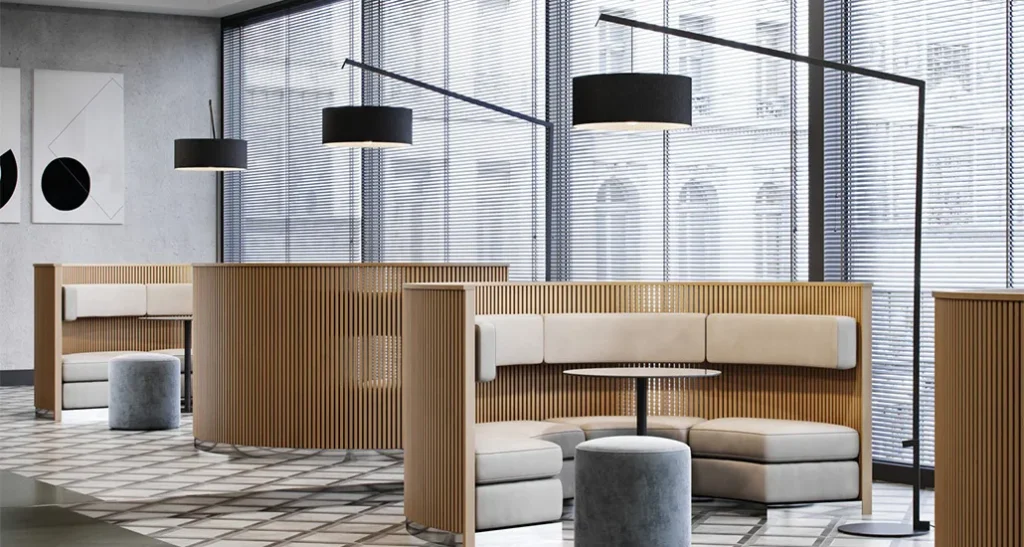 Angelica floor lamp is a contemporary floor lamp with metal and fabric frame and is suitable for hospitality and contract projects.