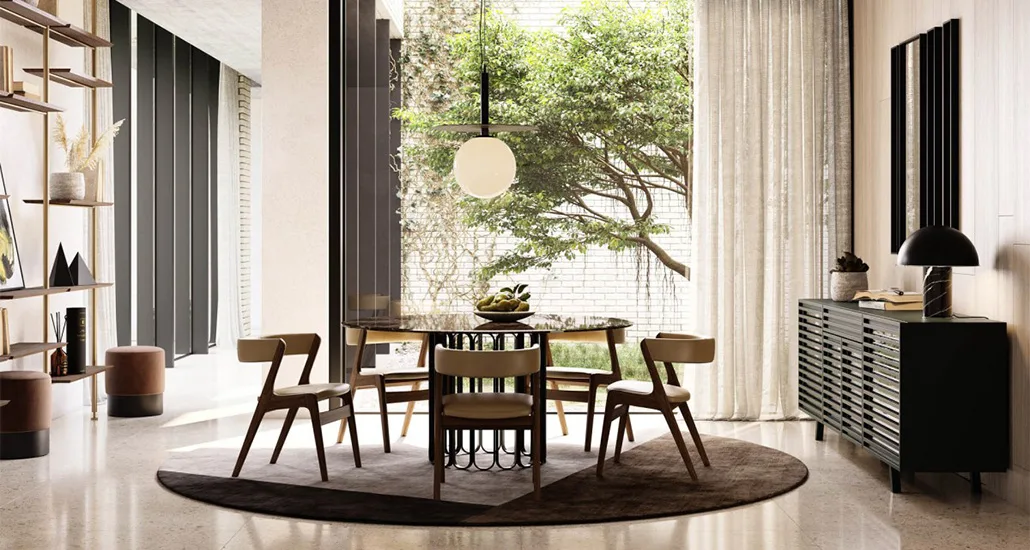 Monaco chair by Laskasas is a contemporary upholstered wood dining chair, best suited for hospitality and contract settings