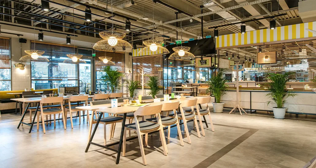 merano chair is a contemporary dining chair in oak or beech wood and is placed in contemporary hospitality contract dining hall.