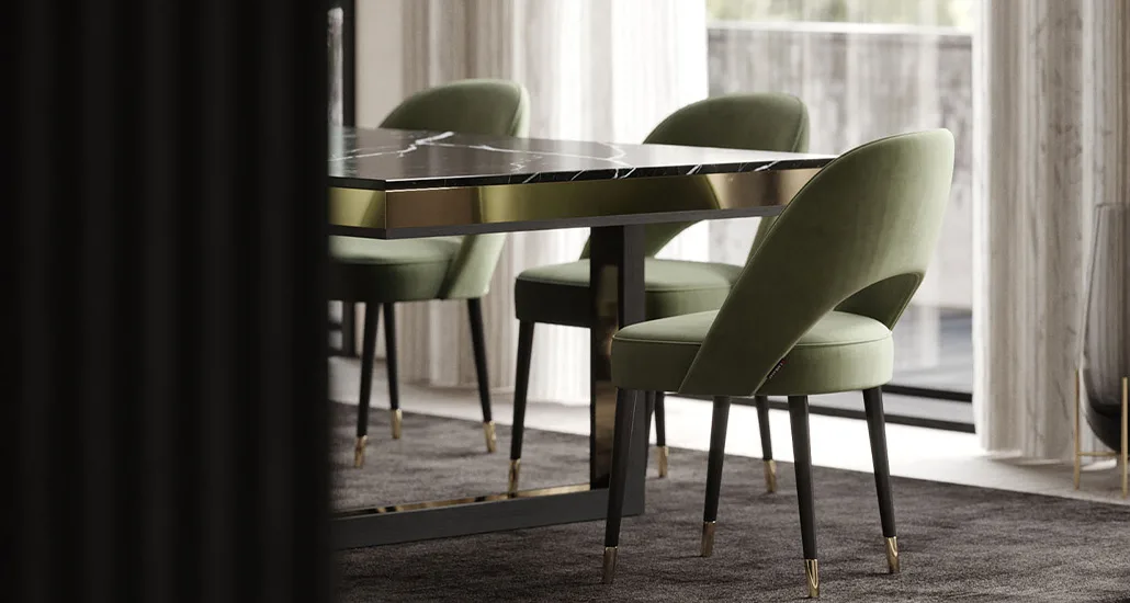 Amour dining chair by Laskasas is a contemporary upholstered dining chair suitable for hospitality, contract and residential settings