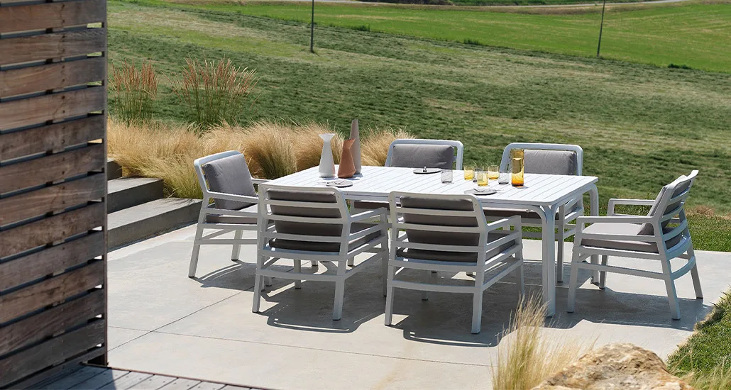 Aria Poltona Armchair by Nardi is a contemporary outdoor garden armchair with polypropylene cushions and is suitable for hospitality and residential spaces
