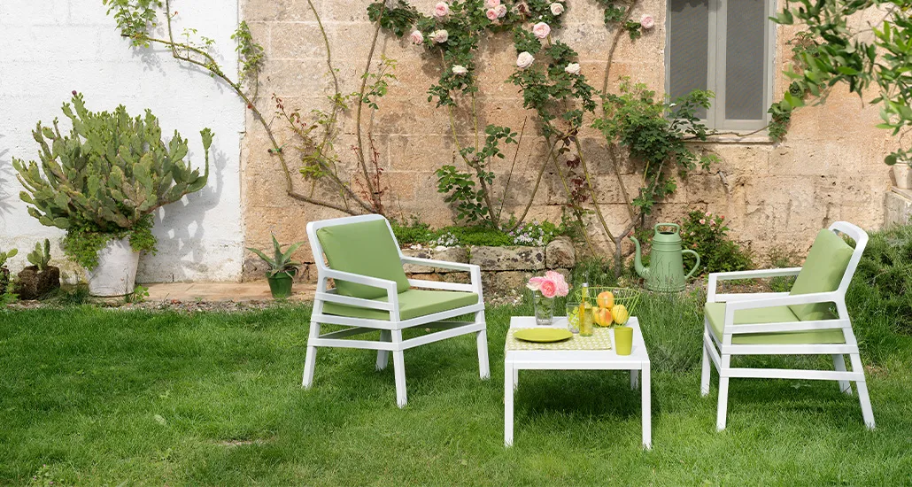 Aria Poltrona Armchair by Nardi is a contemporary outdoor garden armchair with polypropylene cushions and is suitable for hospitality and residential spaces