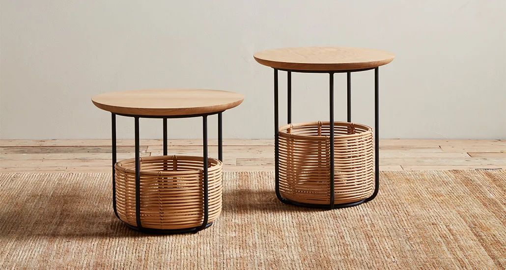 Basket table is a contemporary coffee table with rattan and steel structure and oak table top. Basket is suitable for hospitality, residential and contract projects.