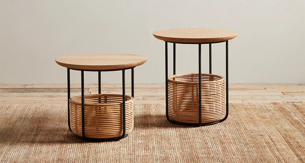 basket table is a contemporary coffee table with rattan and steel structure and oak table top. basket is suitable for hospitality, residential and contract projects.