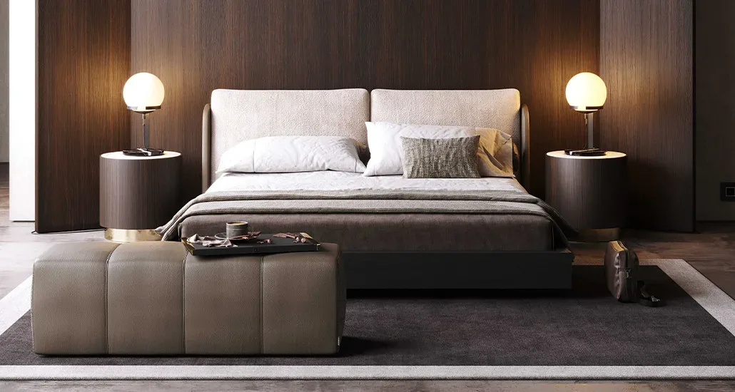 brooke bed is a contemporary upholstered bed with wood structure suitable for contract hospitality projects