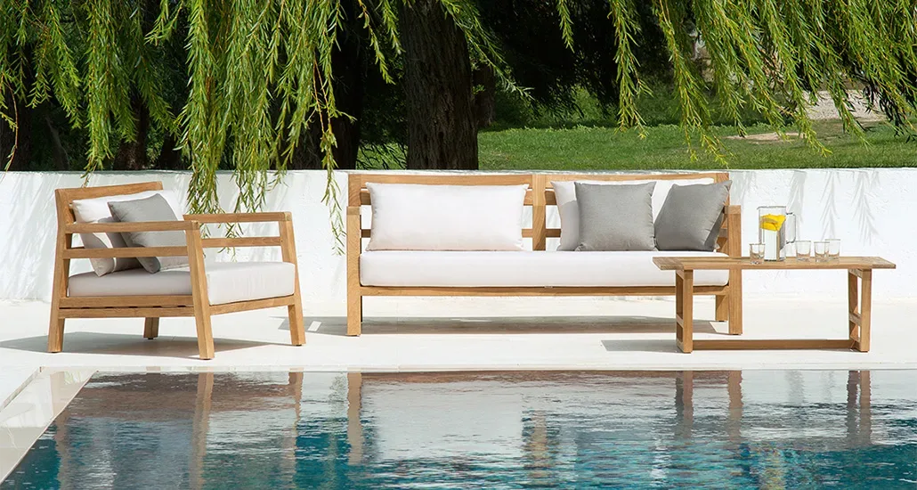 Costes Lounge Armchair is a contemporary outdoor lounge chair with teak frame and is suitable for hospitality and contract projects