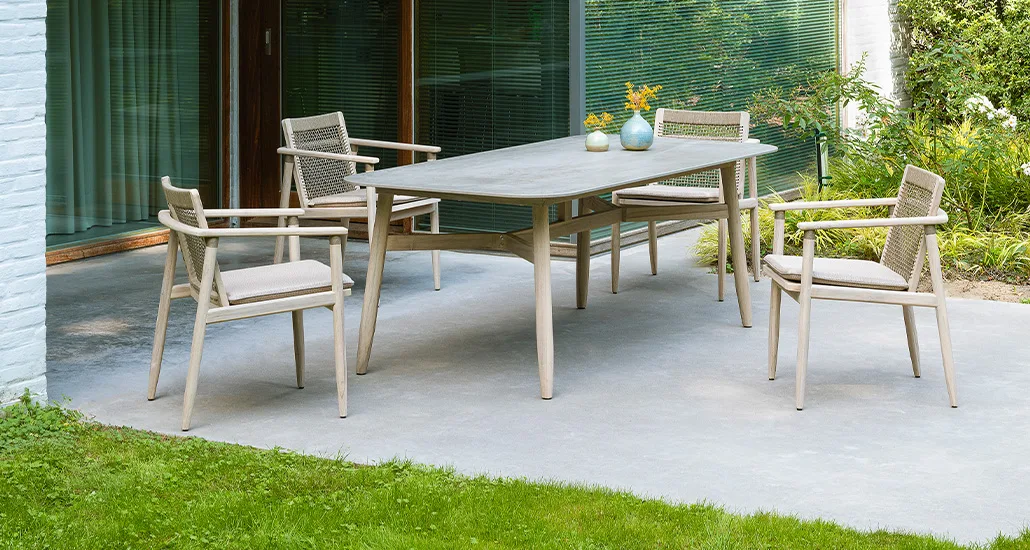 david dining table is a contemporary outdoor dining chair with teak wood suitable for hospitality and contract projects