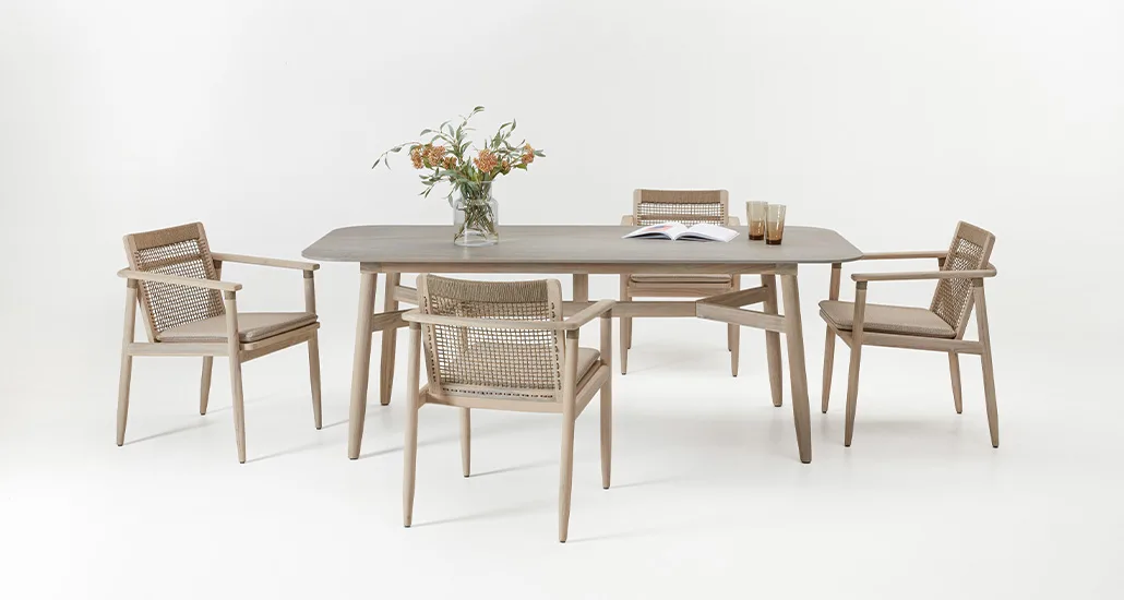 David dining table is a contemporary outdoor dining chair with teak wood suitable for hospitality and contract projects