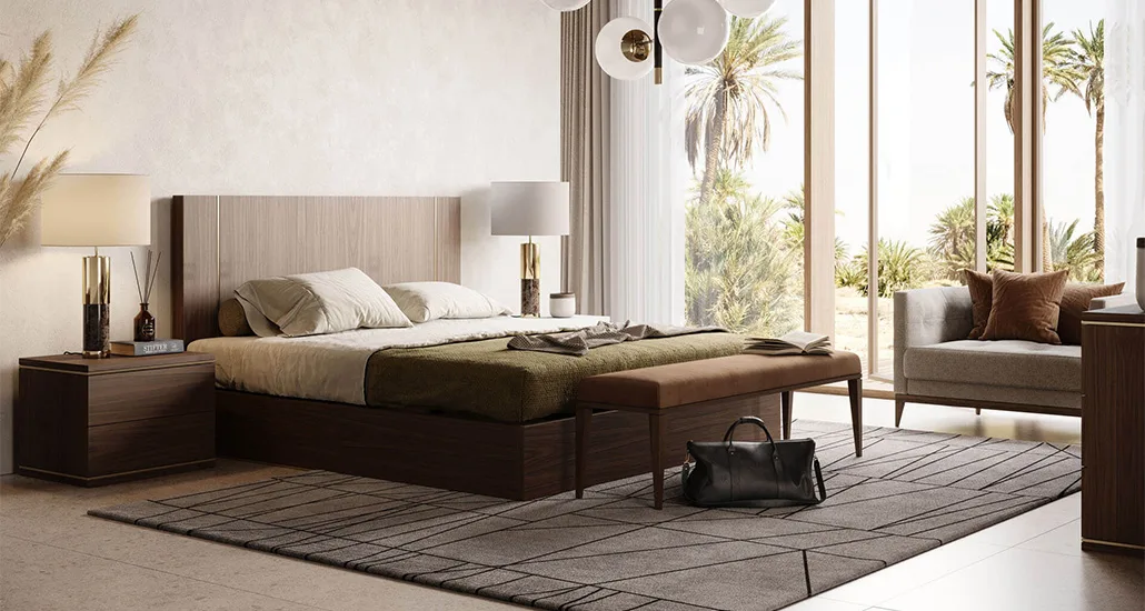 Duane bed is a contemporary double bed with walnut and steel body and is suitable for hospitality, contract and residential projects