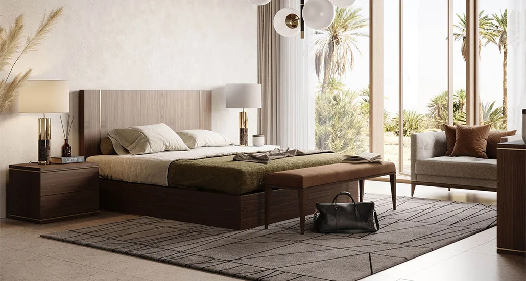 duane bed is a contemporary double bed with walnut and steel body and is suitable for hospitality, contract and residential projects