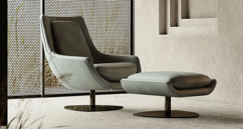 Elba armchair is a contemporary upholstered armchair with leather and velvet upholstered and steel bas. Elba is suitable for hospitality and contract projects.