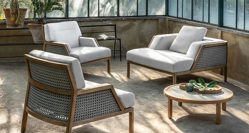 grand life lounge armchair by laskasas is a teak outdoor lounge chair perfect for hospitality, residential and contract settings