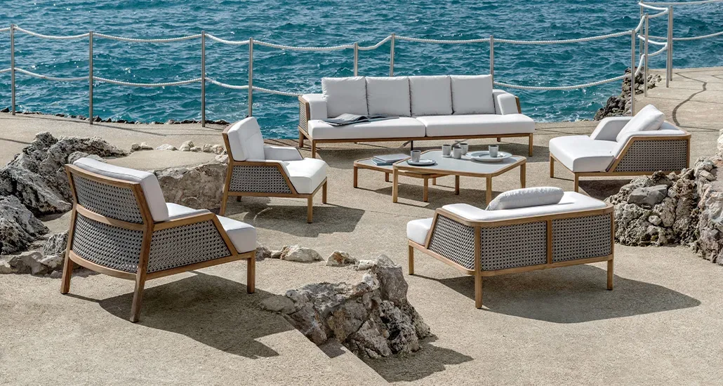 grand life lounge armchair by laskasas is a teak outdoor lounge armchair perfect for hospitality, residential and contract settings
