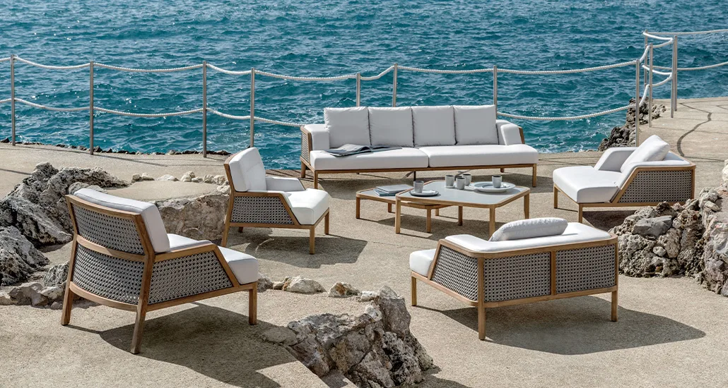 grand life sofa is a contemporary outdoor sofa with teak and rope structure and is suitable for hospitality and contract projects