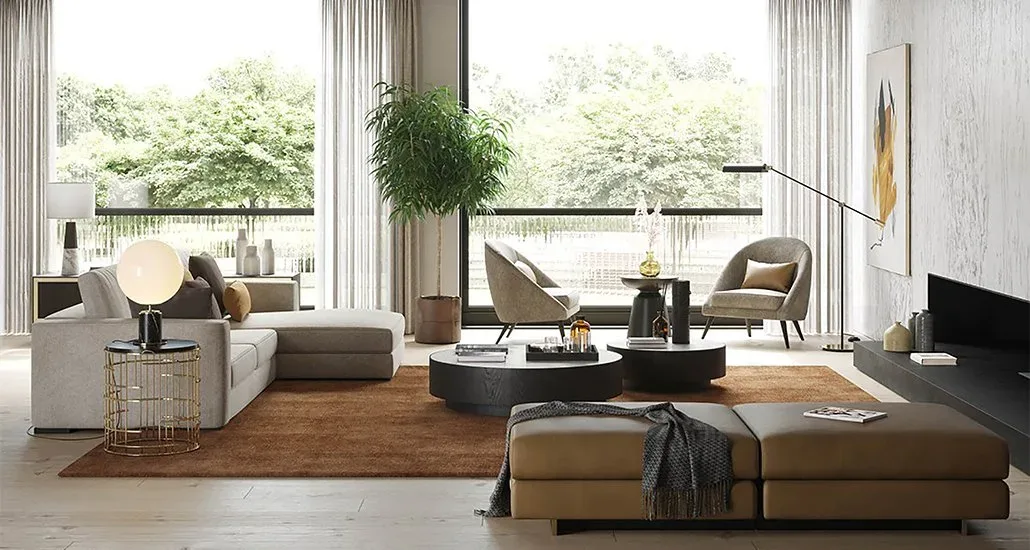 joe lounge chair is an upholstered seating solution placed by some huge living room windows