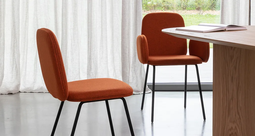 leda is a contemporary upholstered minimalist dining chair suitable for office, hospitality and retails projects