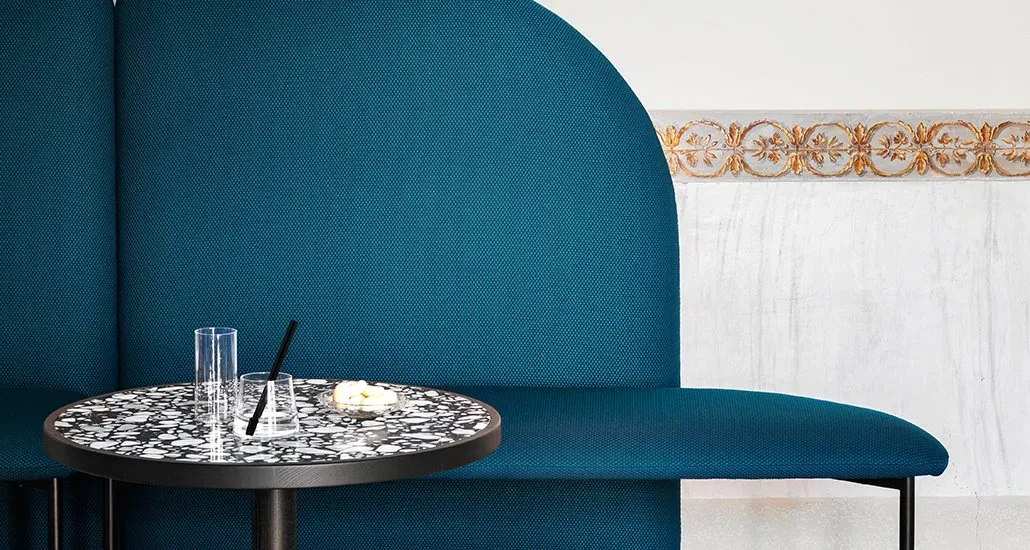 A closer look at the Marino modular bench with a beautiful shade of blue upholstery
