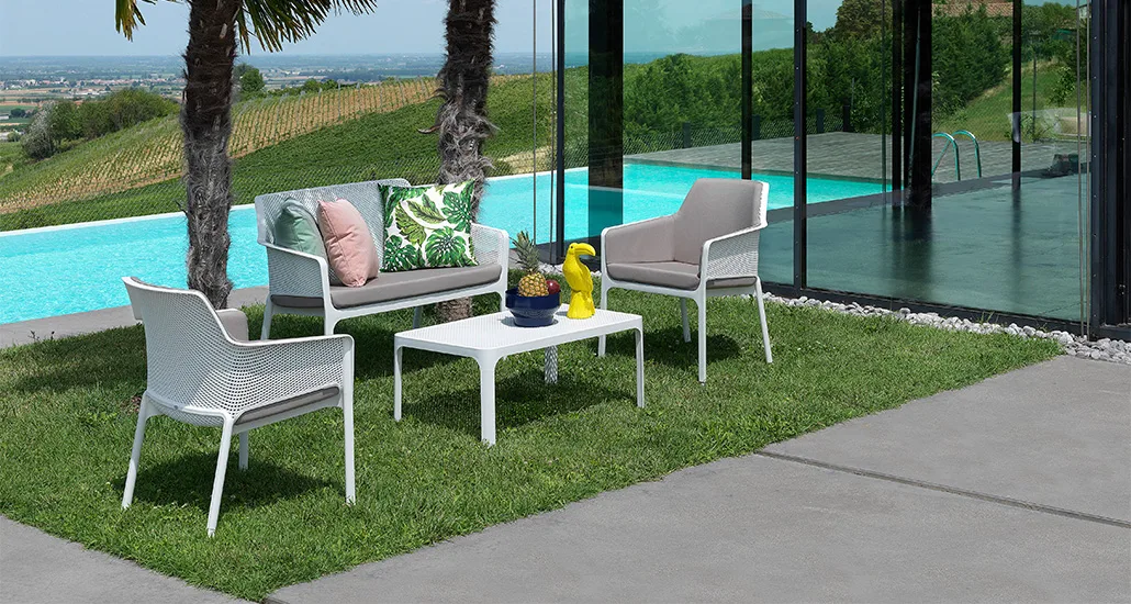 net relax chair is a contemporary outdoor chair with fiberglass structure and is best suited for hospitality and contract projects