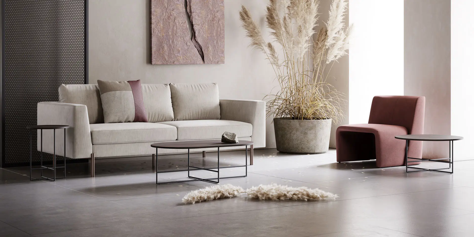 Nicole Sofa is a contemporary upholstered sofa with velvet structure and metal base. Nicole is suitable for hospitality and contract projects