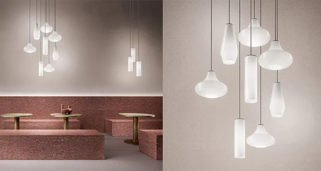 Olivia suspension lamp from panzeri is a retro blown glass LED suspension lamp suitable for hospitality and contract settings