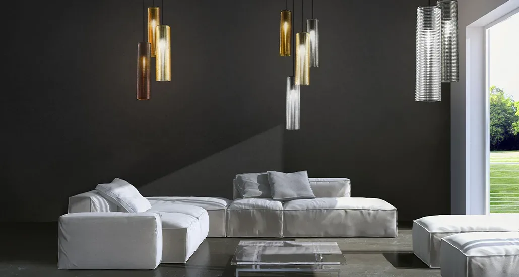 Olivia suspension lamp from panzeri is a retro blown glass LED suspension lamp suitable for hospitality and contract settings