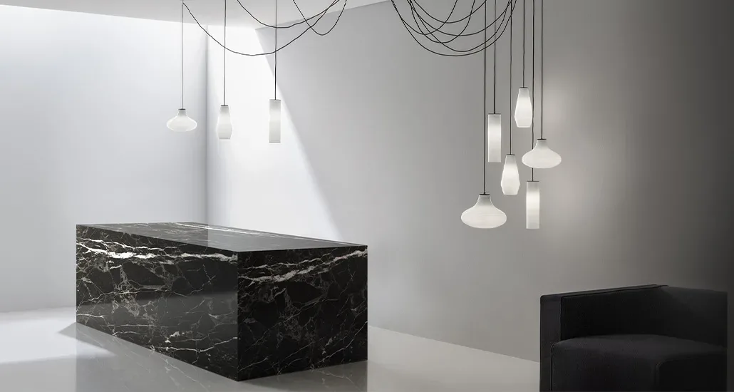 Olivia suspension lamp from panzeri is a retro blown glass LED suspension lamp suitable for hospitality and contract settings