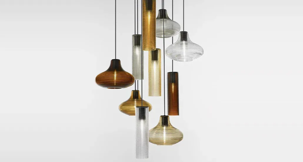 Olivia suspension lamp from panzeri is a retro blown glass LED suspension lamp suitable for hospitality and contract settings