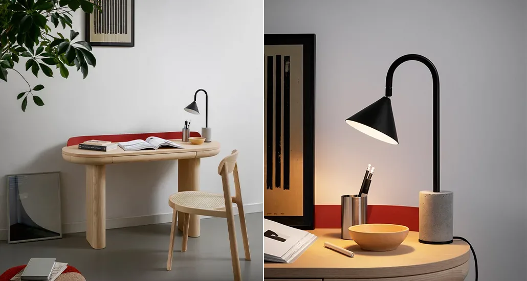 ozz desk lamp is a contemporary desk lamp with metal structure and concreate base and is suitable for contract and hospitality projects