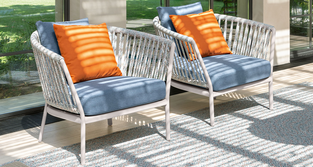 Ria Armchair is a contemporary outdoor chair with aluminium and rope structure and is suitable for hospitality and contract projects