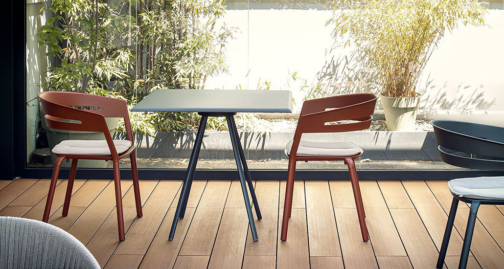 ria dining chair is a contemporary aluminum outdoor chair with rope woven on aluminum frame backrest . ria is suitable for hospitality and contract projects/