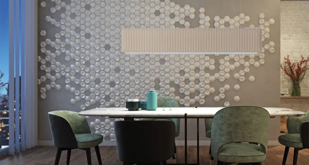 Righello Pendant Lamp is a contemporary LED pendant lamp with metal frame and acoustic property. Righello is suitable for contract and public projects.