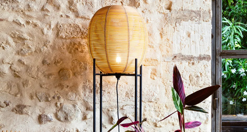 sari floor lamp is a contemporary led floor lamp with rattan lampshade and metal base and is suitable for hospitality, contract and residential projects