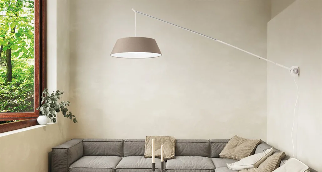 Sestante Indoor Wall Lamp is a contemporary LED indoor wall lamp with aluminium rod attached to a rounded fabric lampshade and is suitable for hospitality, contract and residential projects
