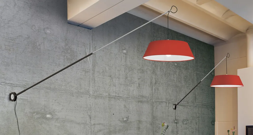 sestante indoor wall lamp is a contemporary led indoor wall lamp with aluminium rod attached to a rounded fabric lampshade and is suitable for hospitality, contract and residential projects
