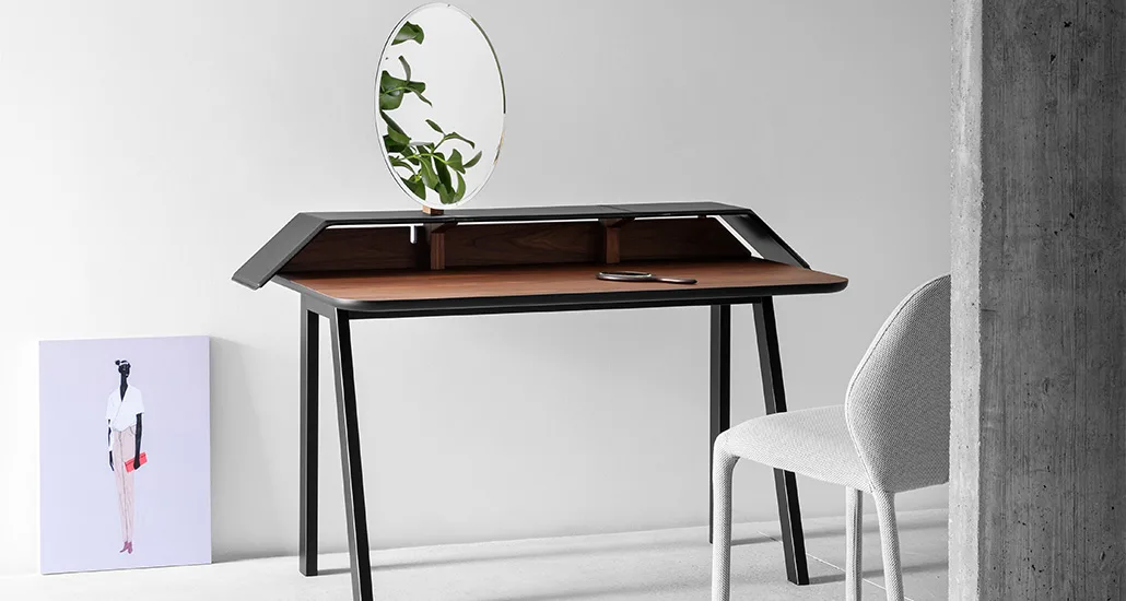 Tolda desk is a contemporary vanity desk or table made of wood, oak with leather top finish and mirror attached to the top. Tolda desk is suitable for hospitality, residential projects.
