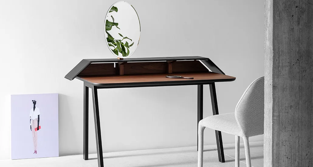 tolda desk is a contemporary vanity desk or table made of wood, oak with leather top finish and mirror attached to the top. tolda desk is suitable for hospitality, residential projects.