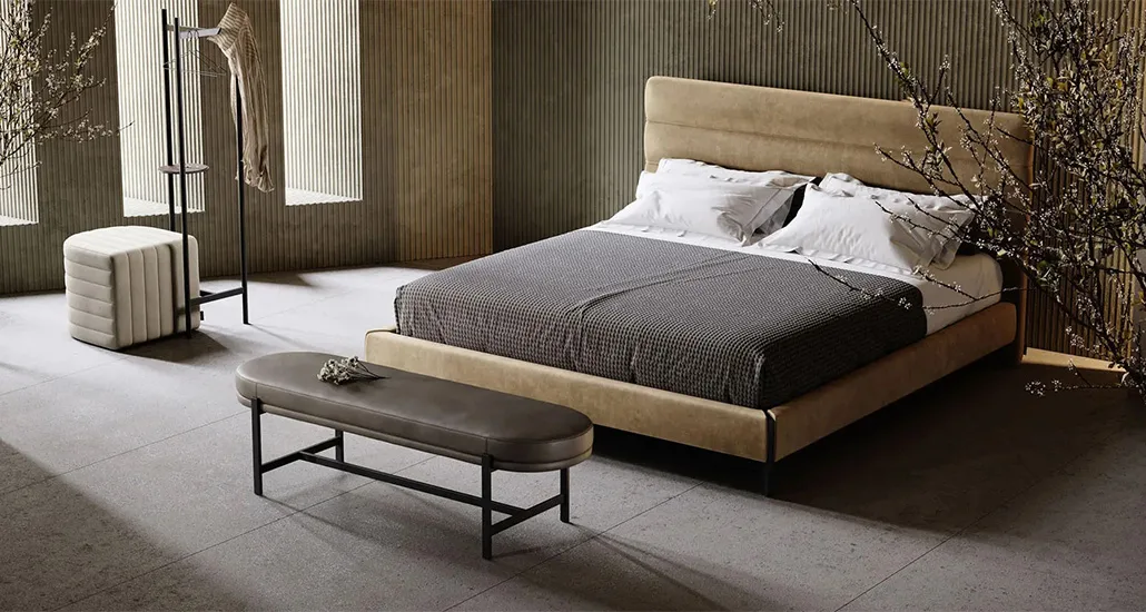 yumi bed is a contemporary double bed with wood base and upholstered structure and is suitable for hospitality and contract projects