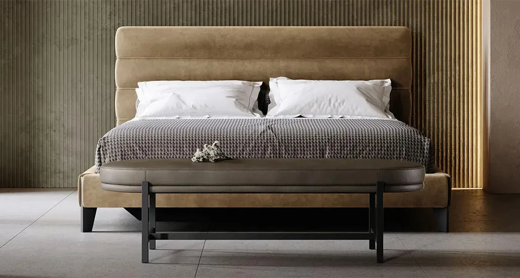 Yumi bed is a contemporary double bed with wood base and upholstered structure and is suitable for hospitality and contract projects