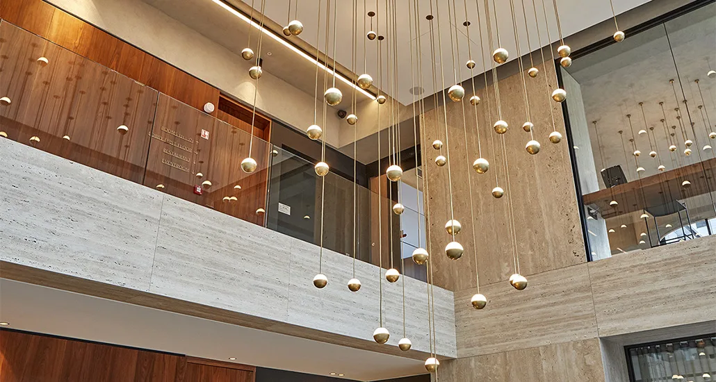 Alfi suspension lamp is a contemporary LED suspension lamp made of glass and metal structure and is suitable for hospitality and contract projects