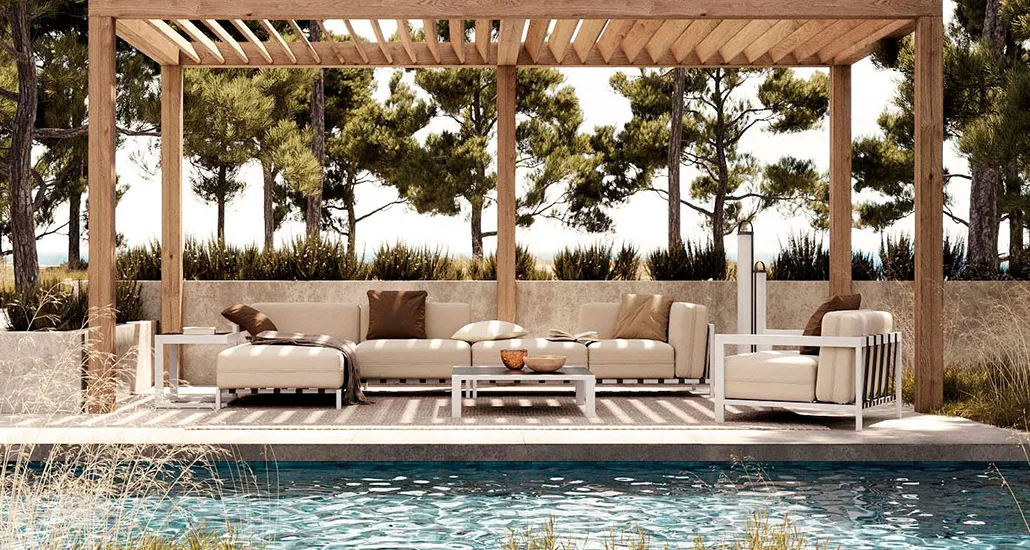 bondi collection is a contemporary outdoor furniture with sofa, chaise lounge and coffee table with steel frame and is suitable for hospitality and contract projects.
