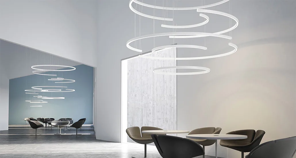 brooklyn round suspension is a contemporary led suspension pendant lamp with aluninium structure and is suitable for hospitality and contract projects