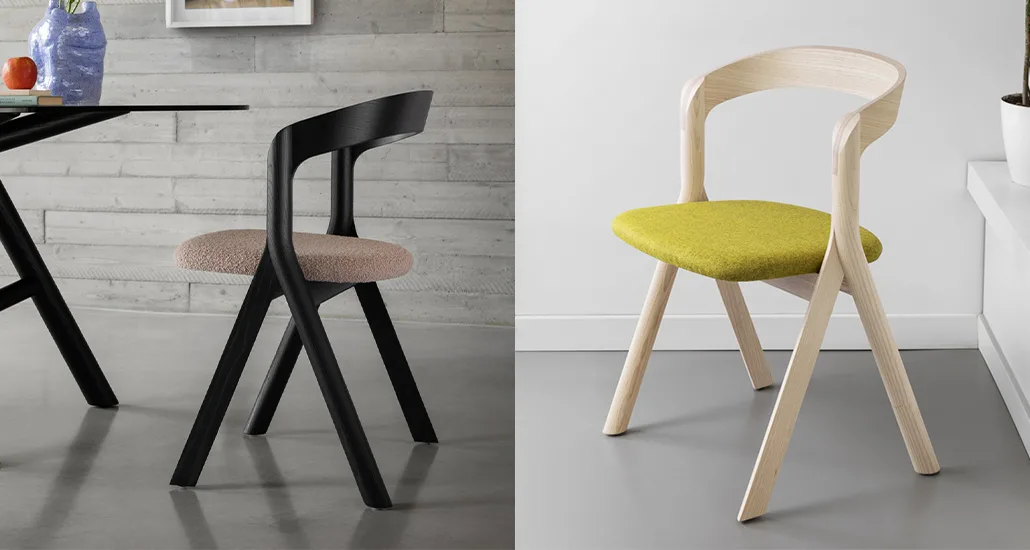 Diverge chair is a contemporary dining chair with ash wood structure and suitable for hospitality and contract projects.