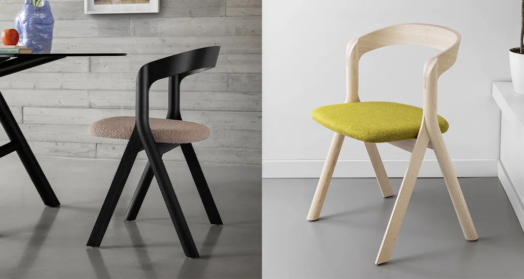 diverge chair is a contemporary dining chair with ash wood structure and suitable for hospitality and contract projects.