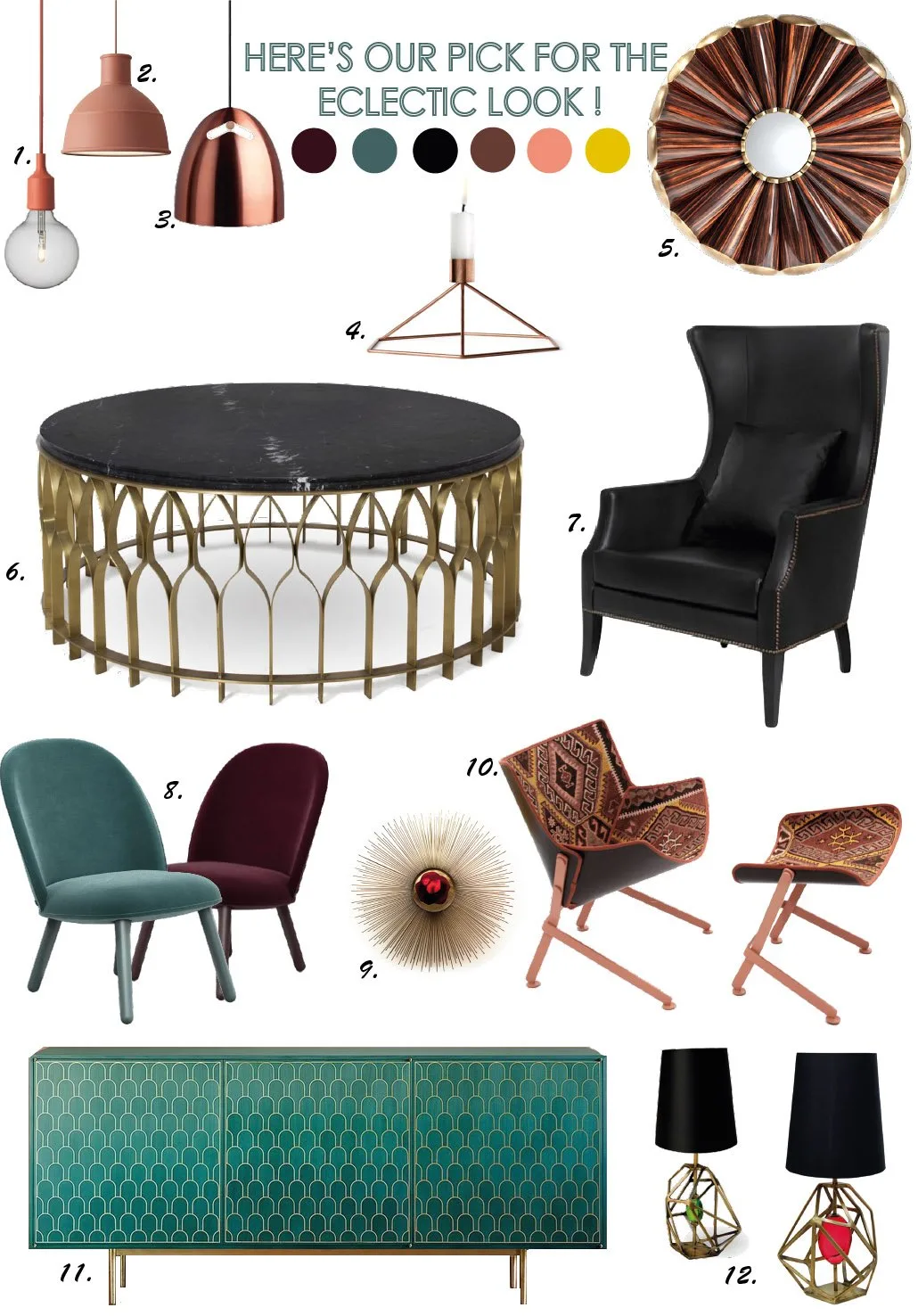 eclectic decor - lounge chairs, pendant light, wall mirror, coffee table, footrest, storage furnture, table table