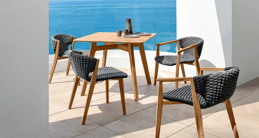 knit square table is a contemporary outdoor dining table with teak frame and is suitable for contract and hospitality projects.