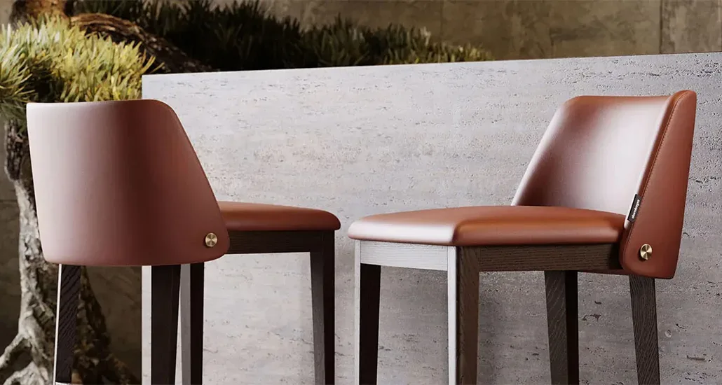 Louise counter chair is a upholstered counter chair with velvet and leather fabric options and with steel and oak base. Louise is suitable for hospitality and contract projects.