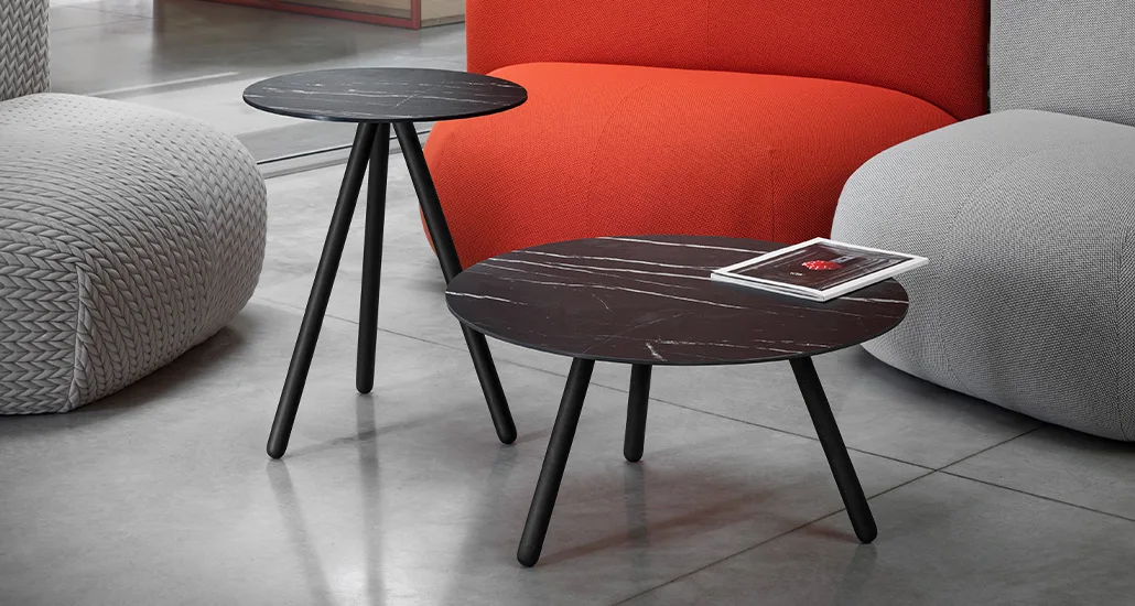 pinocchio table by miniforms consists of coffee table and side tables made of ceramic top and wood base suitable for contemporary hospitality and residential settings
