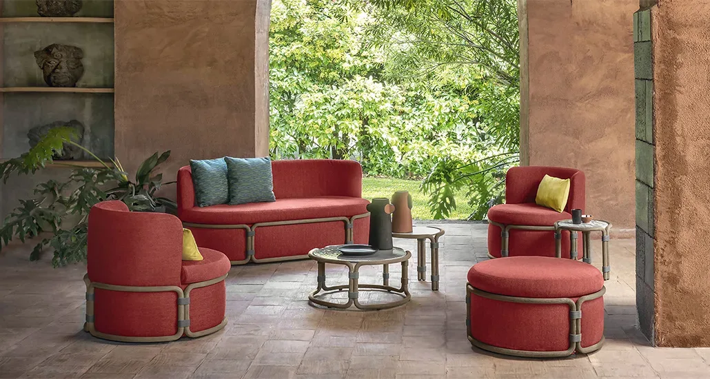 Rotin Lounge Chair is a contemporary upholstered outdoor lounge chair with teak base and is suitable for contract and hospitality projects.