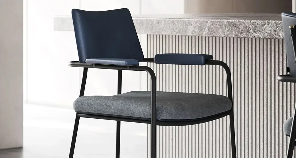 stranger counter chair is a contemporary upholstered high stool or chair or counter chair with steel frame and is suitable for hospitality and contract projects