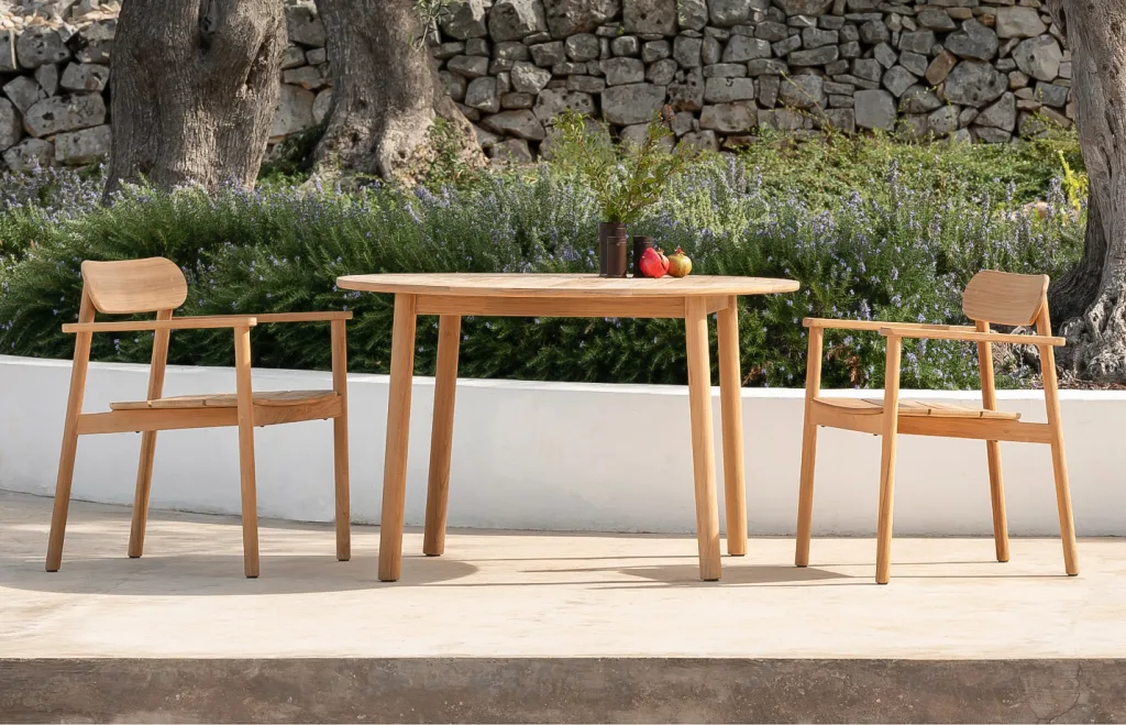 the sam dining table can be used in patios and other outdoor spaces